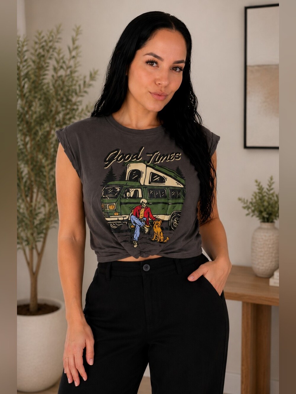 NWT Micas Good Times Graphic Muscle Tee Charcoal Gray Cropped Top